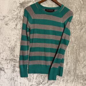 French Connection Womens Small Striped Sweater Teal Gray Crewneck Long Sleeve